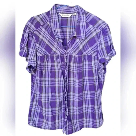 St. John's Bay, Size XL, Purple Plaid Short-Sleeve Blouse - Picture 1 of 5